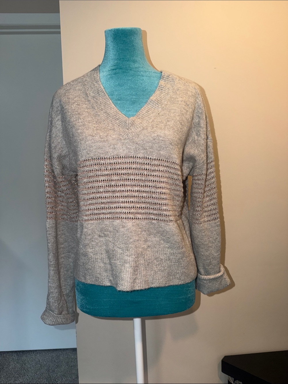 Democracy Gray V-Neck Openwork Knit Sweater